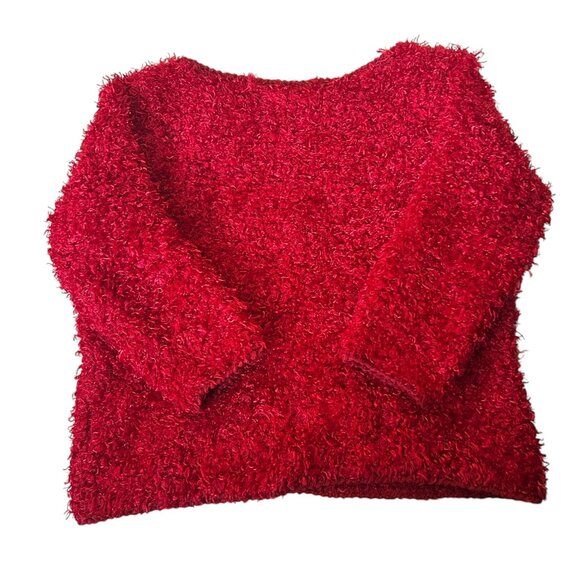 Vintage Red Chenille Cropped Sweater Sz S Fuzzy Cozy 3/4 Sleeve Christmas Xmas - Picture 2 of 5